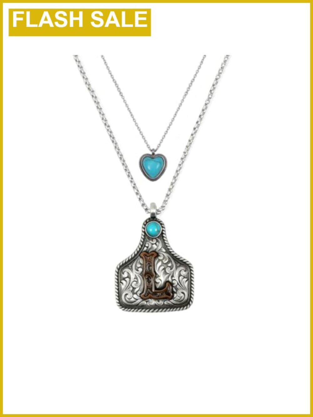 Western Turquoise Layered Necklace Set Cow Tag Initial